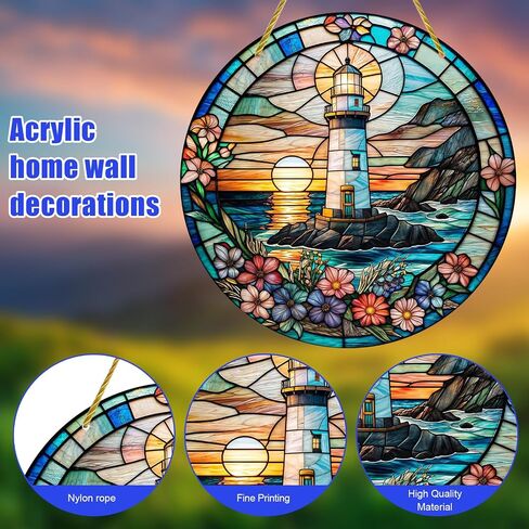 Stained Acrylic Window Hanging - 1Pcs Lighthouse Theme Round Acrylic Window Hanging Stained Sun Catcher for Indoor Outdoor Decor, Garden Decoration or Housewarming Gift in Saudi Arabia
