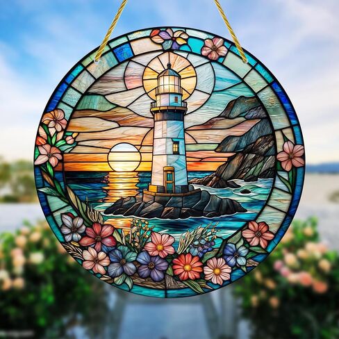 Stained Acrylic Window Hanging - 1Pcs Lighthouse Theme Round Acrylic Window Hanging Stained Sun Catcher for Indoor Outdoor Decor, Garden Decoration or Housewarming Gift in Saudi Arabia