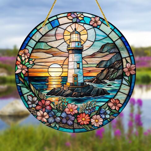 Stained Acrylic Window Hanging - 1Pcs Lighthouse Theme Round Acrylic Window Hanging Stained Sun Catcher for Indoor Outdoor Decor, Garden Decoration or Housewarming Gift in Saudi Arabia