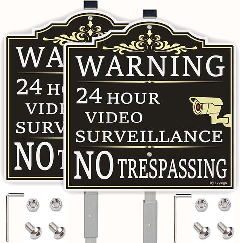 (2Pack) Large Video Surveillance Sign, No Trespassing Warning Sign, With 36" Long Stake 12 x 12 Inches 40Mil Thick Aluminum sign, CCTV Security Camera Signs Weatherproof and Fade in Saudi Arabia