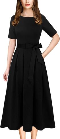 VFSHOW Womens Navy Blue Belted Elegant Pockets Work Office Business Pleated A-Line Midi Dress 10119 BLU L in Kuwait