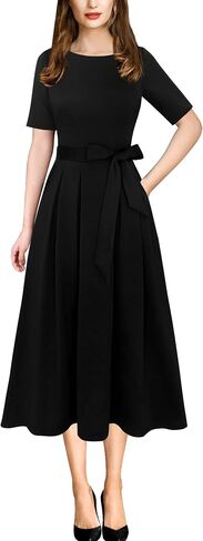 VFSHOW Womens Navy Blue Belted Elegant Pockets Work Office Business Pleated A-Line Midi Dress 10119 BLU L in Kuwait