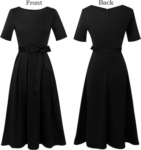 VFSHOW Womens Navy Blue Belted Elegant Pockets Work Office Business Pleated A-Line Midi Dress 10119 BLU L in Kuwait
