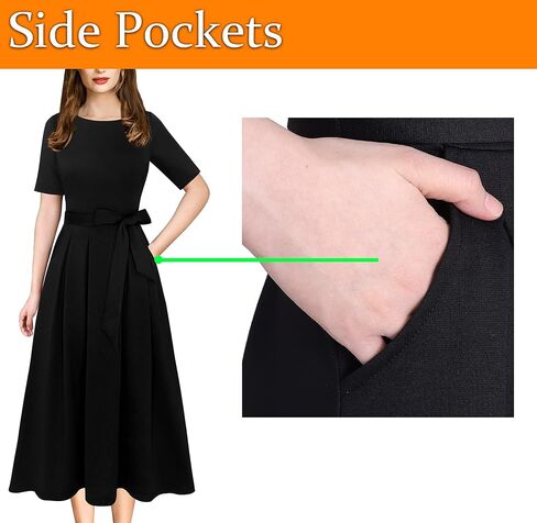 VFSHOW Womens Navy Blue Belted Elegant Pockets Work Office Business Pleated A-Line Midi Dress 10119 BLU L in Kuwait
