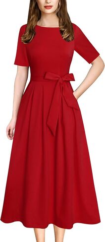 VFSHOW Womens Navy Blue Belted Elegant Pockets Work Office Business Pleated A-Line Midi Dress 10119 BLU L in Kuwait