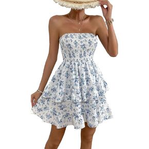 WDIRARA Women's Floral Print Ruffle Hem Tiered Layer Backless Shirred Tube A Line Dress