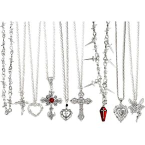 RIOSO 9PCS Grunge Goth Necklace for Women Gothic Cross Fairy Angel Thorns Chain Y2k Choker Necklace Punk Vintage Necklace Set in Kuwait