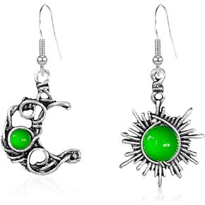Boho Retro Opal Sun and Moon Dangle Earrings Vintage Silver Asymmetry Moon Star Sun Dangle Drop Earrings Black Moonstone Moon Hypoallergenic Earrings for Women Girls Teen Statement Jewelry