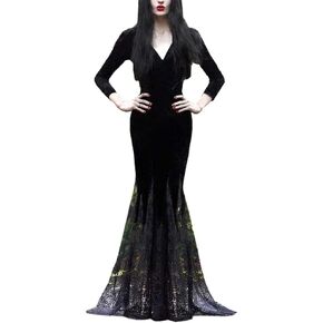 Women Maxi Dress V Collar Black Lace Dress Long Sleeve Party Gown Female Autumn Elegant Vestidos Lapel Rope High Waist Dress