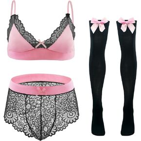 Men's Sexy Sissy Underwear 3 Piece Floral Embroidery Lace Bra and Panty Nightwear with Bowknot Stocking
