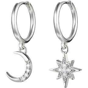 14K Gold Plated S925 Sterling Silver Post Dangle Huggie Earrings for Women,Dainty Blue Evil Eye Moon&Star Zircon Earrings.