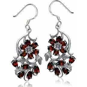 Silvershake Genuine Gemstone 925 Sterling Silver Victorian Style Flower and Leaf Dangle Hook Earrings