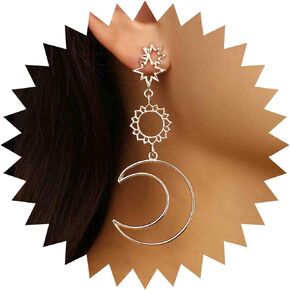 Bohemian Sun Moon Dangle Earrings Gold Hollow Sunburst Drop Earrings Large Crescent Starburst Stud Earrings Asymmetrical Sun Moon Earrings Jewelry for Women and Girls Gifts