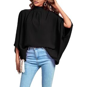 LYANER Women's Mock Neck Pleated Batwing Sleeve Drape Tie Back Blouse Shirt Top