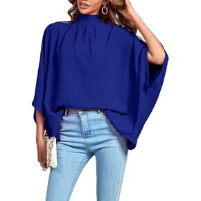 LYANER Women's Mock Neck Pleated Batwing Sleeve Drape Tie Back Blouse Shirt Top