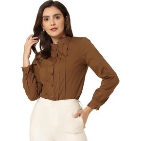 Allegra K Women's Mock Neck Blouse Ruffle Work Office Cotton Pleated Button Up Shirt