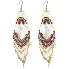 CALORVIA Boho أقراط متدلية كبيرة طويلة شرابة مطرزة صناعة يدوية بوهيمية كبيرة هامش للنساء والفتيات