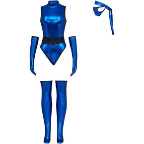 RocailleCos Mortal MK Kitana Cosplay Costume Female Sexy Blue Jumpsuit Kombat Suit with Mask Ninja Fighter Outfit