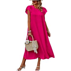 Galocmo Women's 2024 Summer Midi Dress with Pocket,Swiss Dot Short Sleeve Boho Dress,Tie Waist Crew Neck Flowy Long Dress
