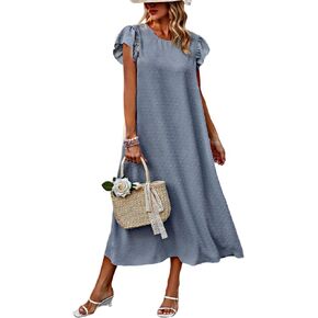Galocmo Women's 2024 Summer Midi Dress with Pocket,Swiss Dot Short Sleeve Boho Dress,Tie Waist Crew Neck Flowy Long Dress