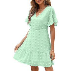 ROYLAMP Women's Cute Swiss Dot Dress V-Neck Ruffle Short Sleeve Summer Casual Flowy Shift Mini Dresses