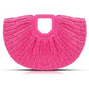 QTKJ Straw Bag, Beach Bags for Women, Pink Tote Bag, Semi-Circular Woven Beach Hand Bag Handmade Rattan Handbag for Vacation Travel Daily (Hot Pink)