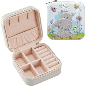 Cute Cartoon Hippo with Flowers Small Jewelry Box Mini Jewelry Case Travel Jewelry Organizer for Women