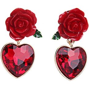Red Rose Flower Stud Earrings, Vintage Simulated Ruby Heart Stud Earrings Gothic Red Rose Dangle Drop Earrings Cute Earrings for Women Girls