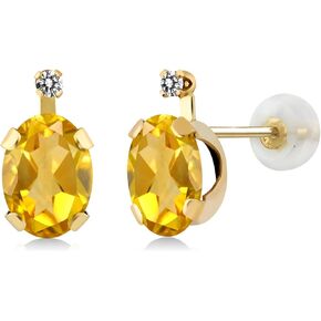 Gem Stone King 14K Yellow Gold Yellow Citrine and White Diamond Earrings For Women (1.21 Cttw, Gemstone November Birthstone, Oval 7X5MM)