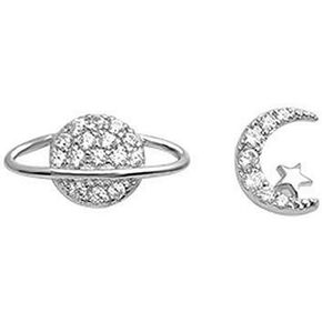 Star Moon Planet Universe Asymmetrical CZ Stud Earrings for Women Girls S925 Sterling Silver Tiny Cute Tragus Post Pin Nickel Free Earring Fashion Friendship Lucky Jewelry White Gold Plated