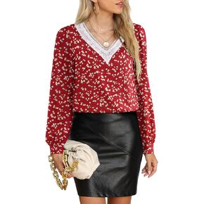 بلوزة نسائية من CZYINXIAN مزخرفة بالدانتيل وياقة على شكل V وأكمام طويلة من الشيفون بلوزات عمل غير رسمية in Kuwait