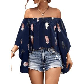 Floerns Women's Feather Graphic Print Off Shoulder Long Flounce Sleeve Blouse