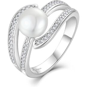 JO WISDOM Pearl Ring,925 Sterling Silver Cubic Zirconia Women's Rings with 8mm White Freshwater Cultured Pearl Ring size 5-10