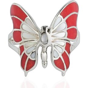 AeraVida Exotic Graceful Butterfly Reconstructed Red Coral and Mother of Pearl Inlay .925 Sterling Silver Ring