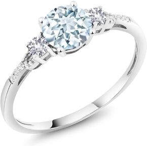 10K White Gold Sky Blue Aquamarine White Created Sapphire and White Diamond Accent 3-Stone Engagement Ring For Women (0.89 Cttw, Round 6MM, Gemstone March Birthstone, Available in Size 5,6,7,8,9)