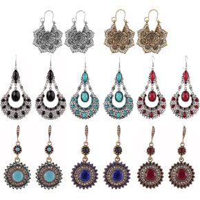 8 Pairs Boho Lotus Dangle Earrings for Women - Vintage Turquoise Western Jewelry Eardrop - Bohemian Dangling Ear Rings Native American Womens Jewelry - Valentines Mother's Day Gifts, 8 pairs, Zinc, in Kuwait