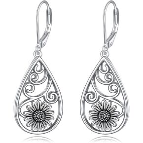 POPLYKE S925 Sterling Silver Filigree Teardrop Leverback Earrings for Women Rose Flower Sunflower Hummingbird Bee Dangle Earrings for Girls Birthday Gifts