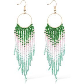 DoreenBow Long Beaded Tassel Black Earrings Boho Hoop Beaded Dangle Earrings Handmade Seed Bead Earrings