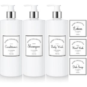 3 Pieces 16oz Pump Bottle Set Shampoo and Conditioner Bottle Plastic Refillable Soap Dispenser Shower Dispenser with 6 Label Sticker for Lotion Body Massage (Gold and White)