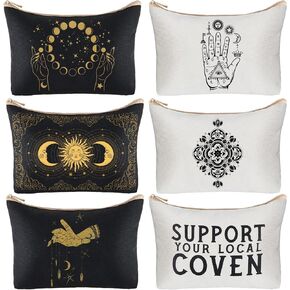 6 Pieces Moon Witch Zipper Pouch Bag Tarot Cards Phase Bag Crystals Toiletry Witchy Witch Purse Aesthetic Wicca Moon Makeup Bag Canvas Witchcraft Cosmetics Bag for Women Girls