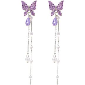 Butterfly Tassel Pearl Earrings for Women Girls Rhinestone Pearl Dangle Drop Earrings Sparkling Butterfly Earrings Long Tassel Butterfly Earrings Lightweight Fashion Butterfly Earrings Wedding Jewelry Gift