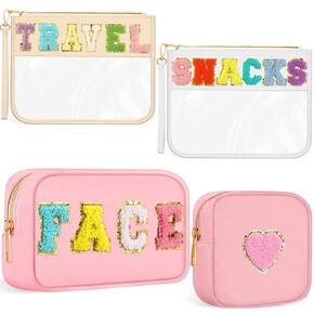 Amylove 4 Pcs Chenille Letter Bag Preppy Nylon Cosmetic Bag Letter Patches Makeup Travel Bag Makeup Pouch Clear Zipper Toiletry Bag for Women Beach Travel Organizer(Pink Face)