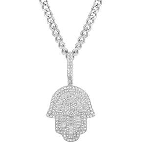 Men's Hip Hop Hamsa Necklace 18k White Gold Hamsa Hand Pendant for Women-