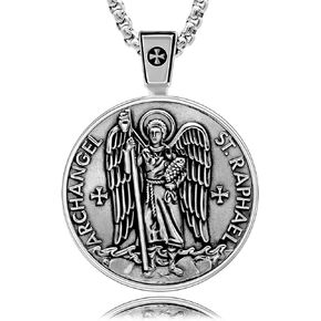 VENICEBEE St. Raphael Saint Medal Archangel Healing Angel Christian Amulet Solid 925 Sterling Silver Pendant Necklace + Velvet Pouch, Polishing Cloth, Fine Gift Box