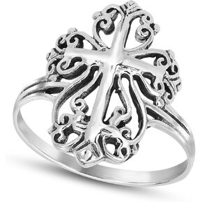 AeraVida Victorian Swirl Cross Hidden Heart Sterling Silver Ring