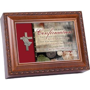 Confirmation Father Gave Woodgrain Rope Trim Jewelry Music Box Plays Great is Thy Faithfulness