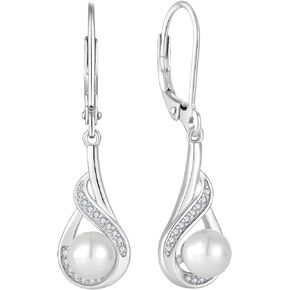 OSKINIA Women Earrings 925 Sterling Silver Round White Pearl Cubic Zircon Leverback Dangle Drop Earrings Perfect for Bridesmaids Wedding Party Wear