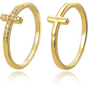 YBMYCM Cross Gold Rings, Dainty Stackable Ring Set 18k Gold Plated Thin Crystal Cross Finger Rings for Women Girls Statement Rings Wedding Bands Rings Size 6-10