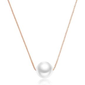 Solid 14K Gold Over 925 Silver Pearl Necklace for Women,Dainty Freshwater Cultured White Pearl Pendant Necklace,Fashion Jewelry Gift for Her