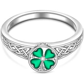 St Patricks Day Shamrock Ring Four Leaf Clover Rings for Women Sterling Silver Celtic Knot Green 4 Leaf Clover Jewelry Irish Lucky Valentines Gifts